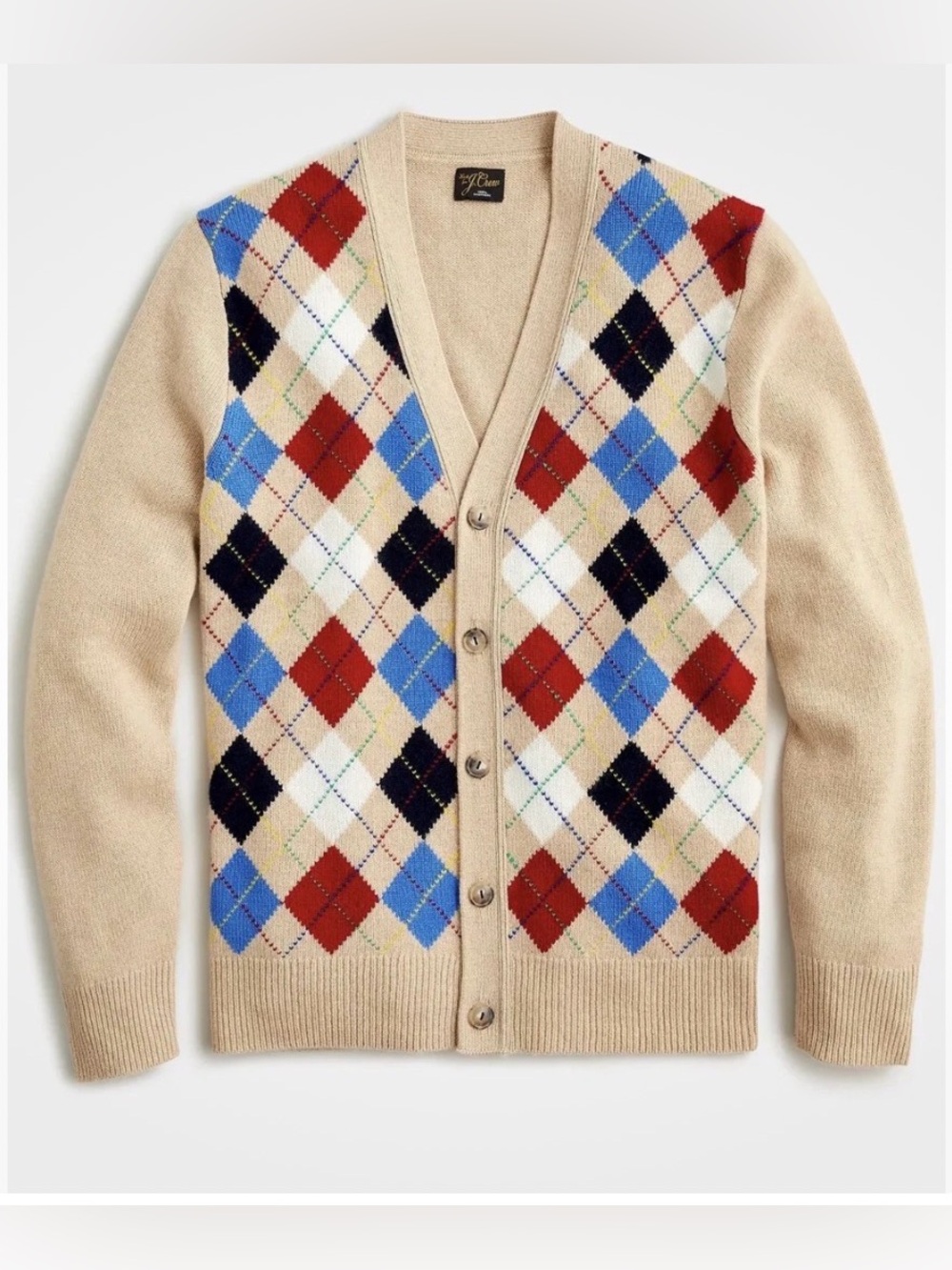 NWT J. CREW Men's Limited-Edition Cashmere Cardigan Sweater Heather Straw Argyle